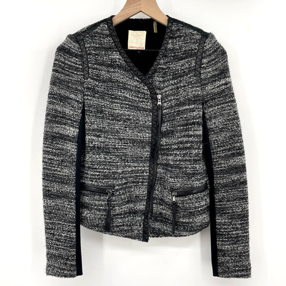 Rebecca Taylor Tweed Asymmetric Faux Leather Trim Jacket Grey Boucle Size 2 Moto - Picture 5 of 16